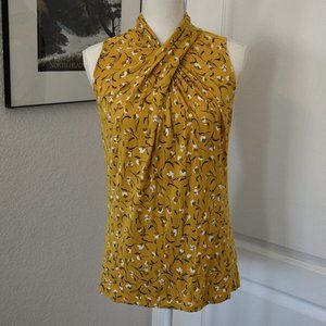 Worthington Ocra Yellow Floral Sleeveless Stretch Top with Keyhole Back Size S